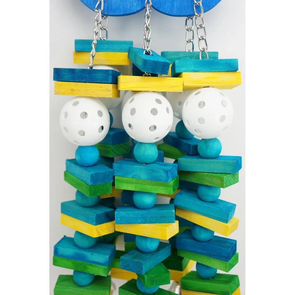 Mewtogo Handmade Bird Toy Hanging Wood Blocks Plastic Balls and Bells Excellent
